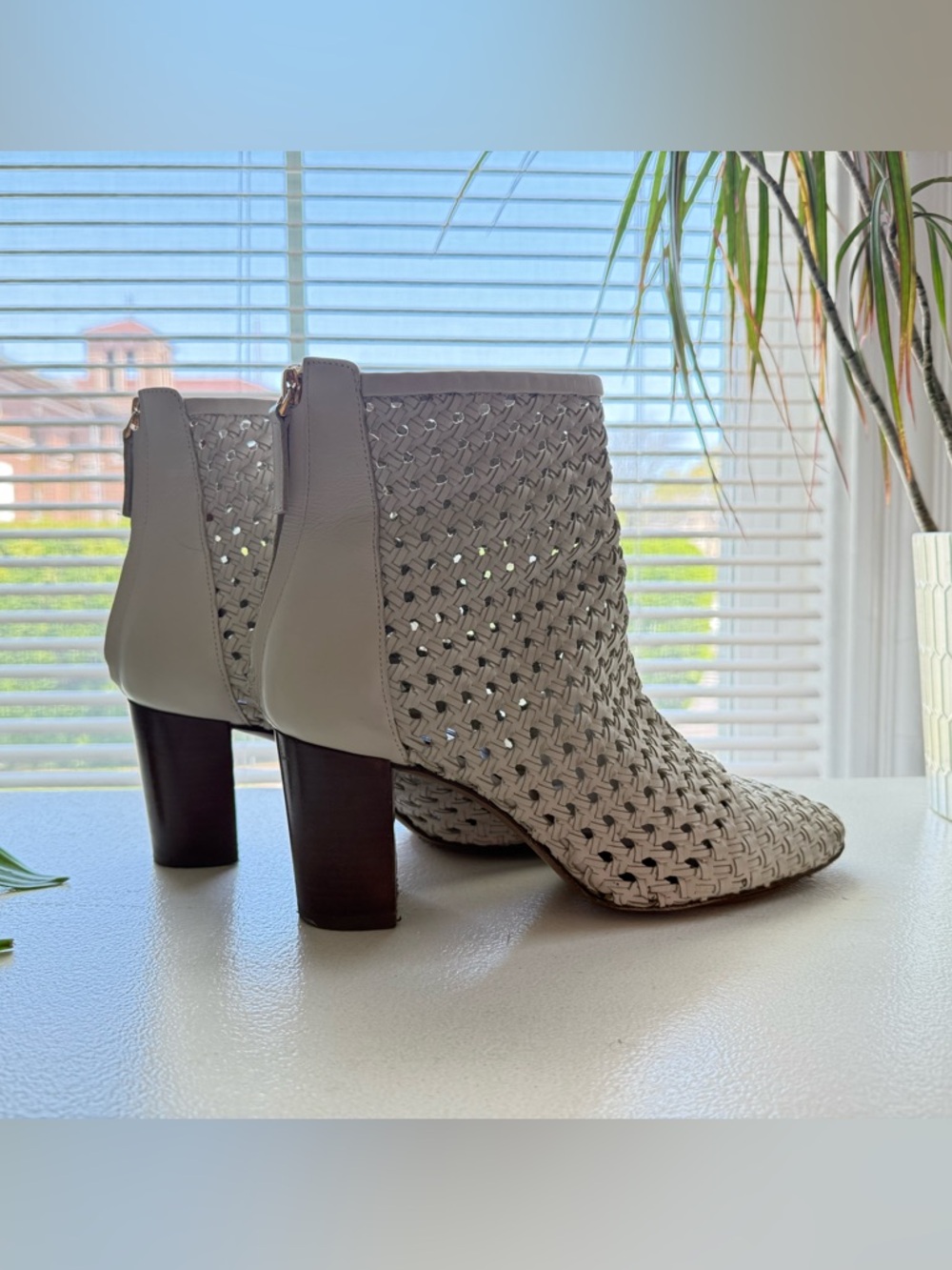 Sezane Alba 100% ivory Woven Leather Ankle Booties with Wood Block Heel